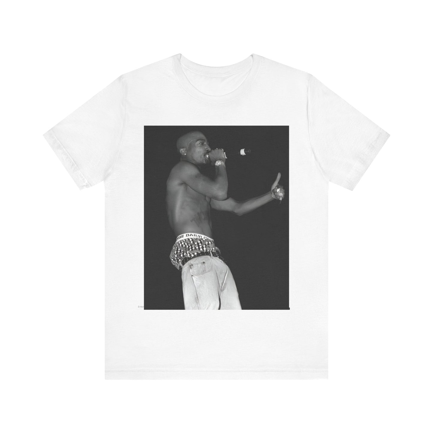 A black graphic t-shirt featuring a graphic of Tupac as a justice fighter.