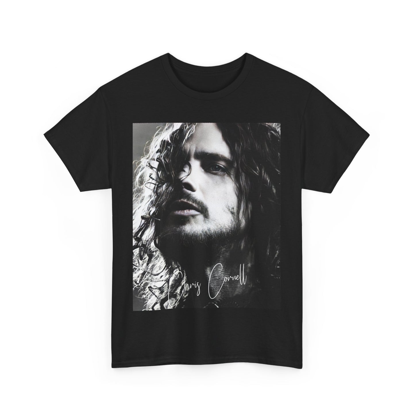 A black graphic t-shirt featuring a 90s black and white retro photo portrait of Chris Cornell.