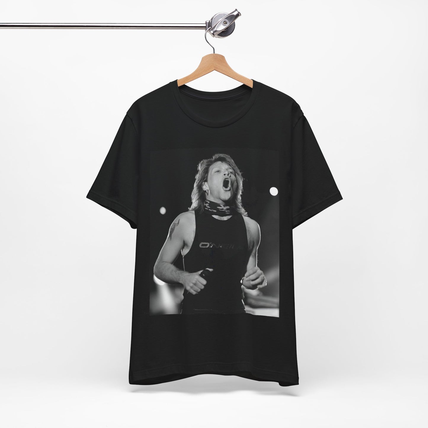 A black graphic t-shirt featuring a black and white iconic graphic or photo of Bon Jovi as superstars.