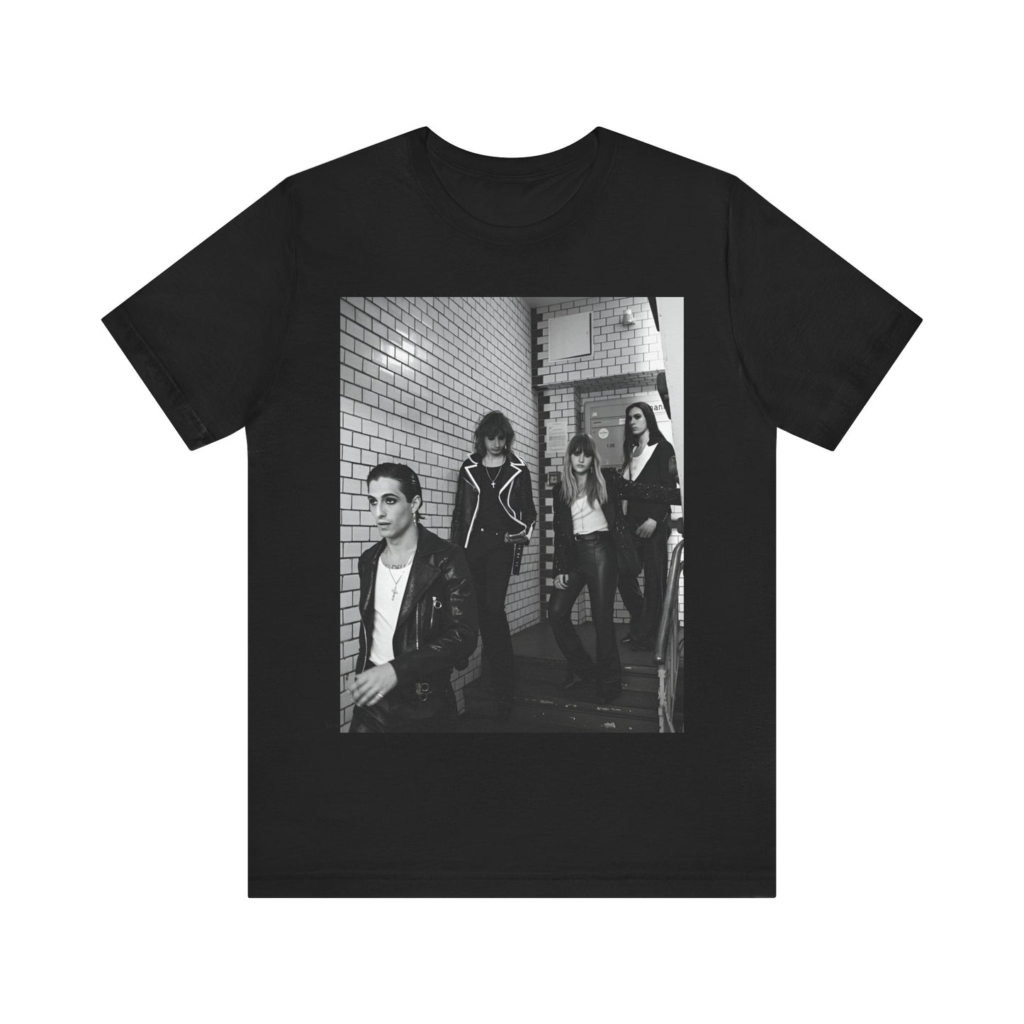 A black graphic t-shirt featuring a black and white graphic or photo of Maneskin in a backstage setting.