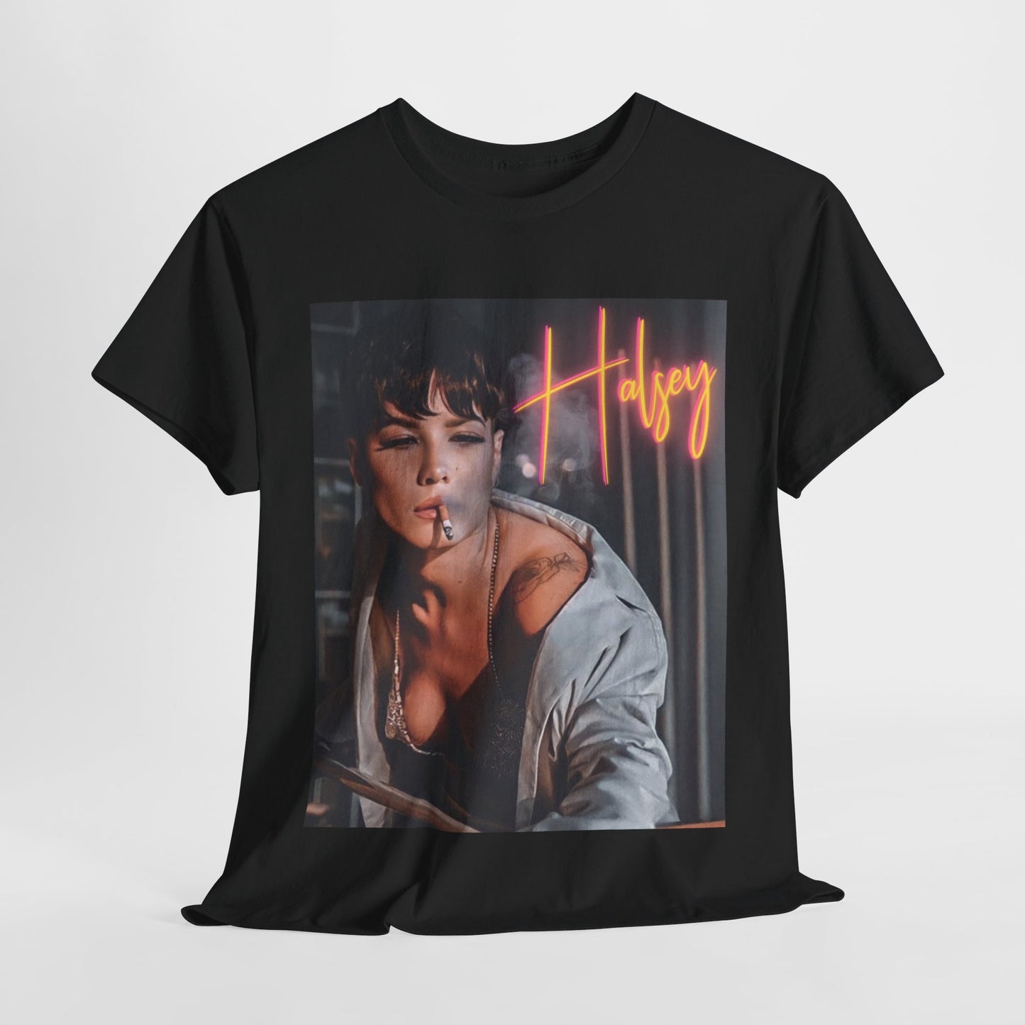 A black graphic t-shirt featuring a vintage graphic related to Halsey's 'Manic' album era.