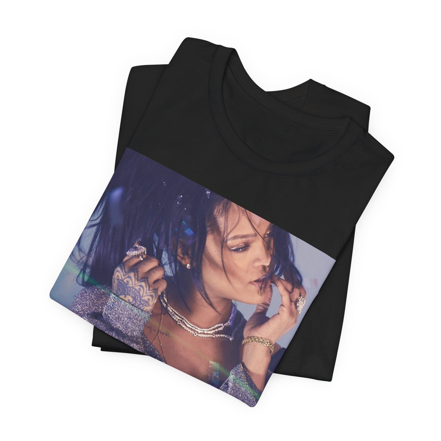 A black graphic t-shirt featuring a graphic related to Rihanna's 'Anti' album era.