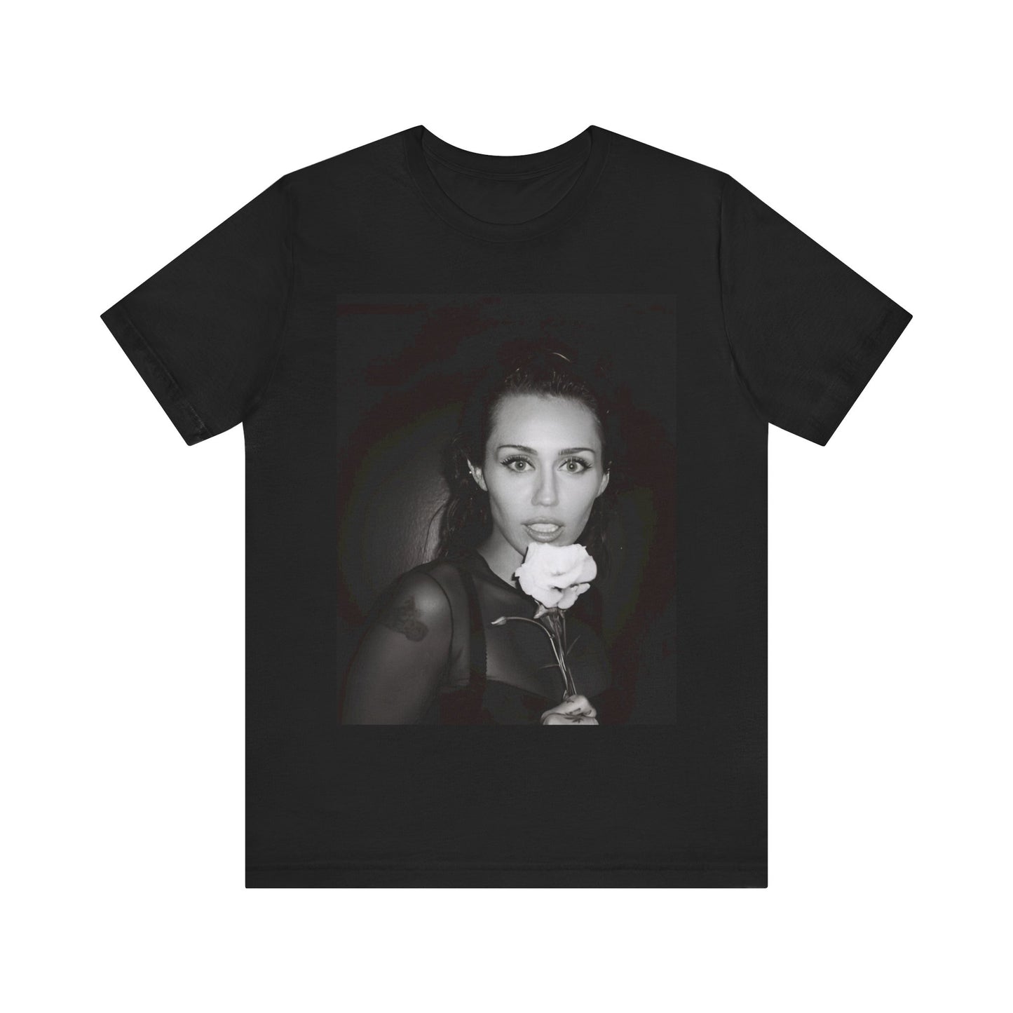 A black graphic t-shirt featuring a graphic related to Miley Cyrus' 'Flowers' song or era.