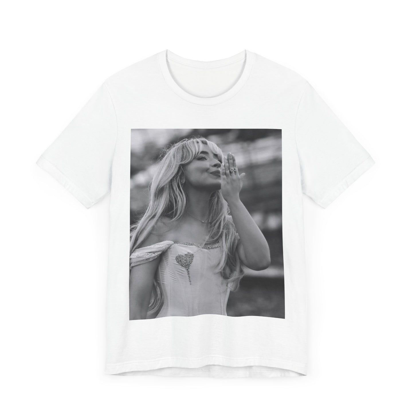 A black graphic t-shirt featuring a graphic or photo of Sabrina Carpenter kissing on stage during a performance.