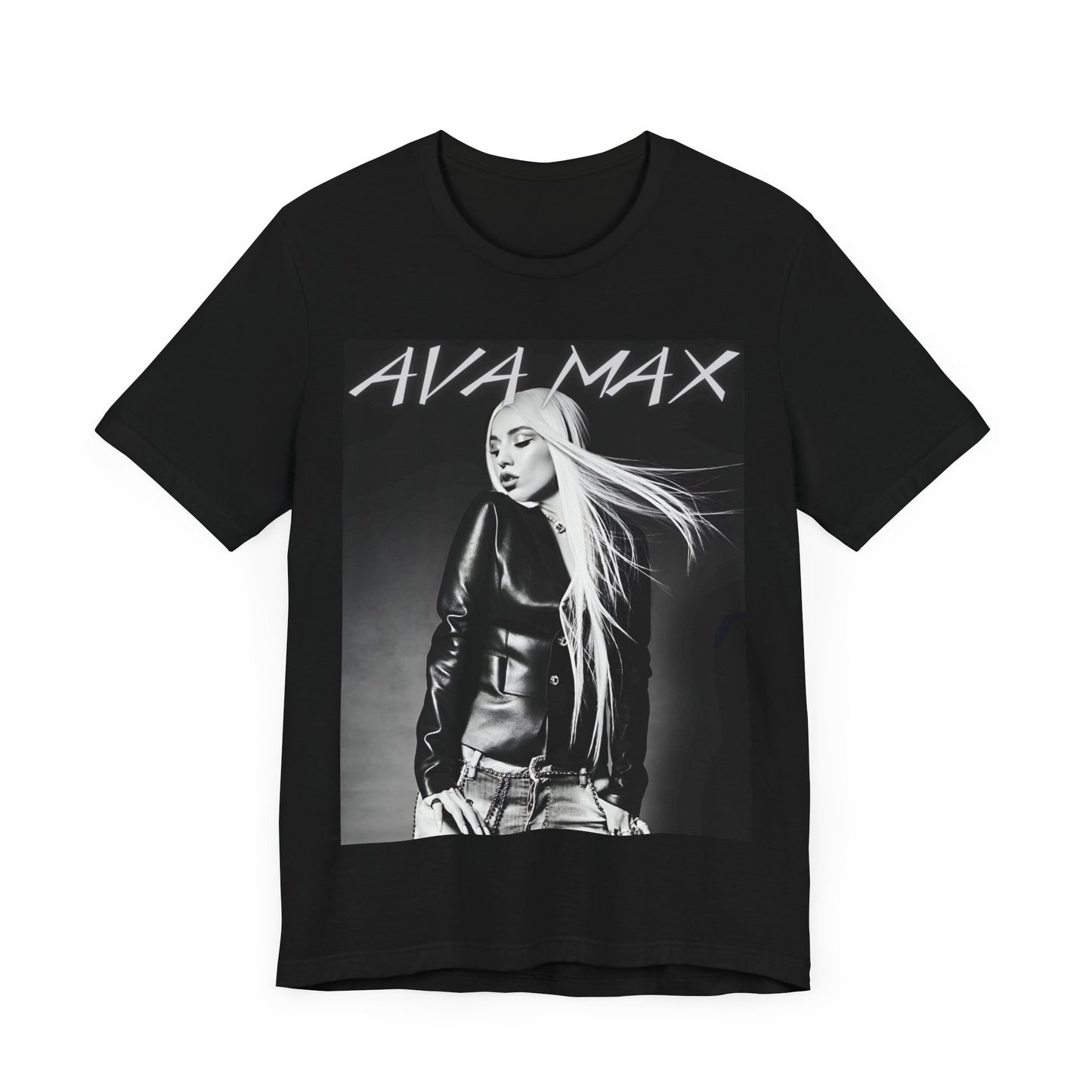 A black graphic t-shirt featuring a black and white portrait photo of Ava Max.