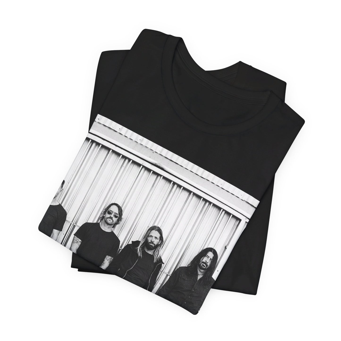 A black graphic t-shirt featuring a photo portrait of the band Foo Fighters.