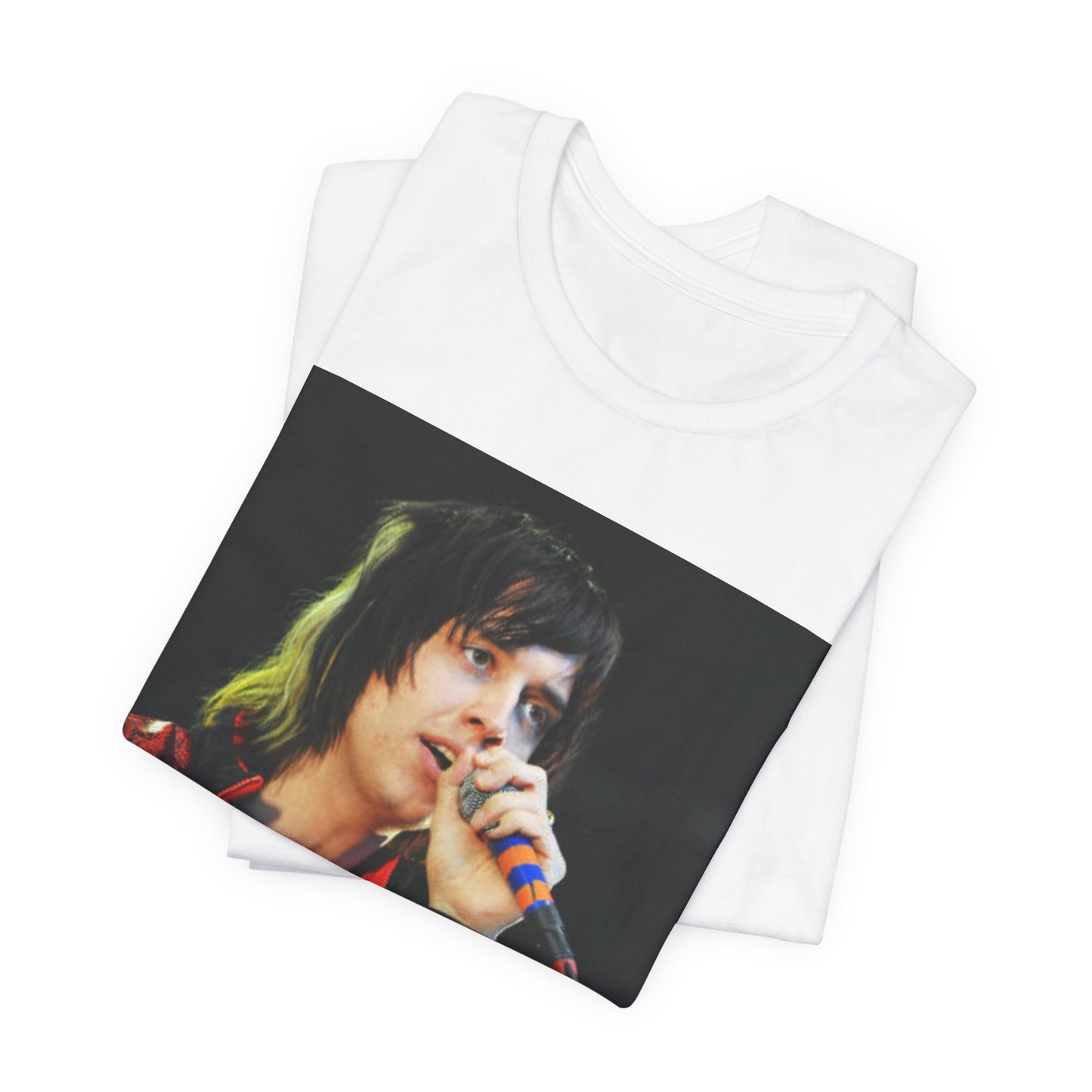 A black graphic t-shirt featuring a vintage indie rock graphic of The Strokes.