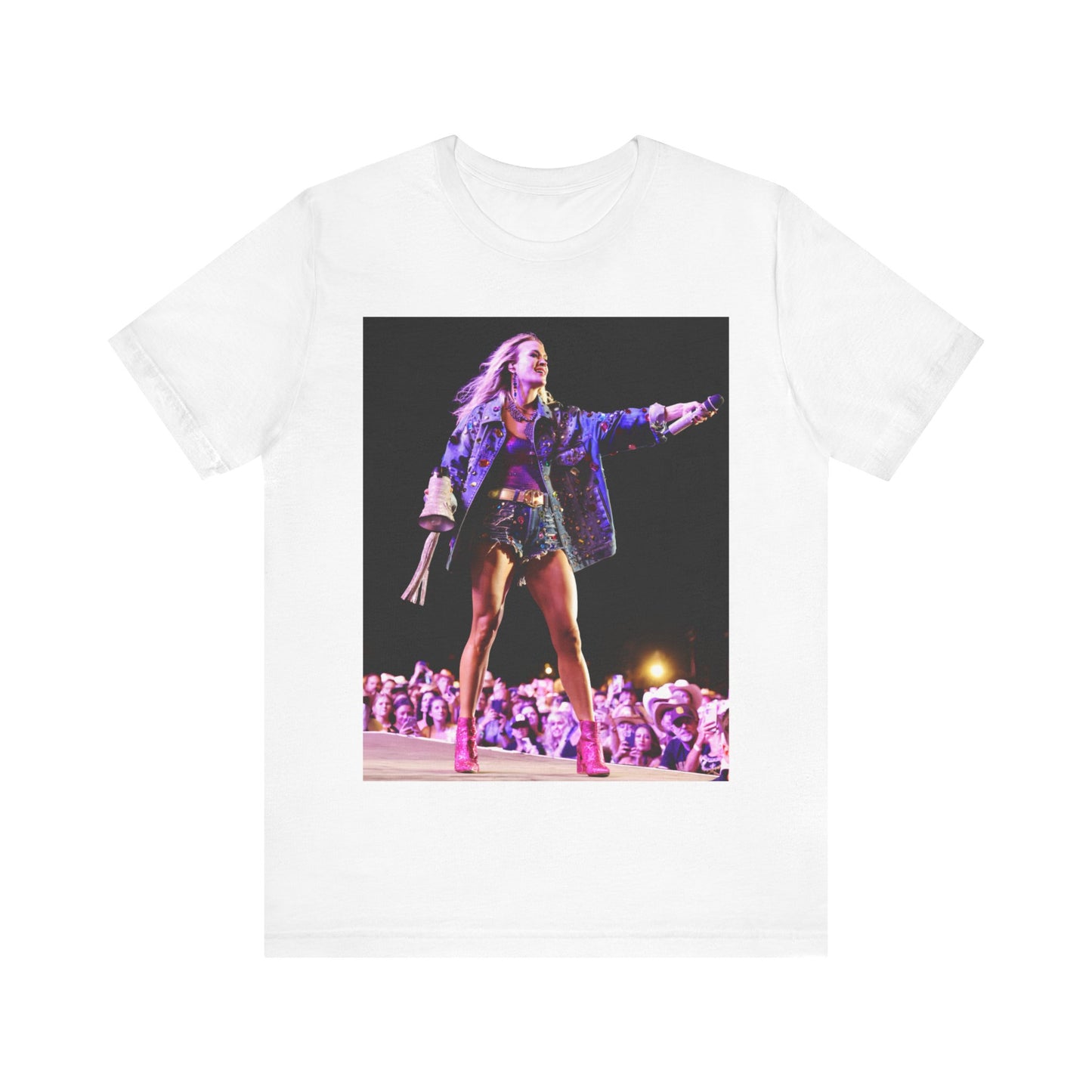 A black graphic t-shirt featuring a graphic of Carrie Underwood with Nashville-themed elements or skyline.