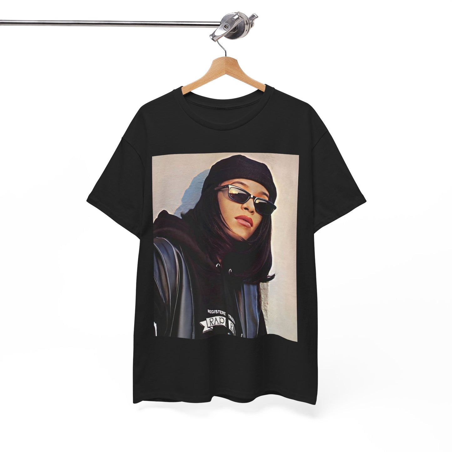 A black graphic t-shirt featuring a rap underground princess graphic of Aaliyah.