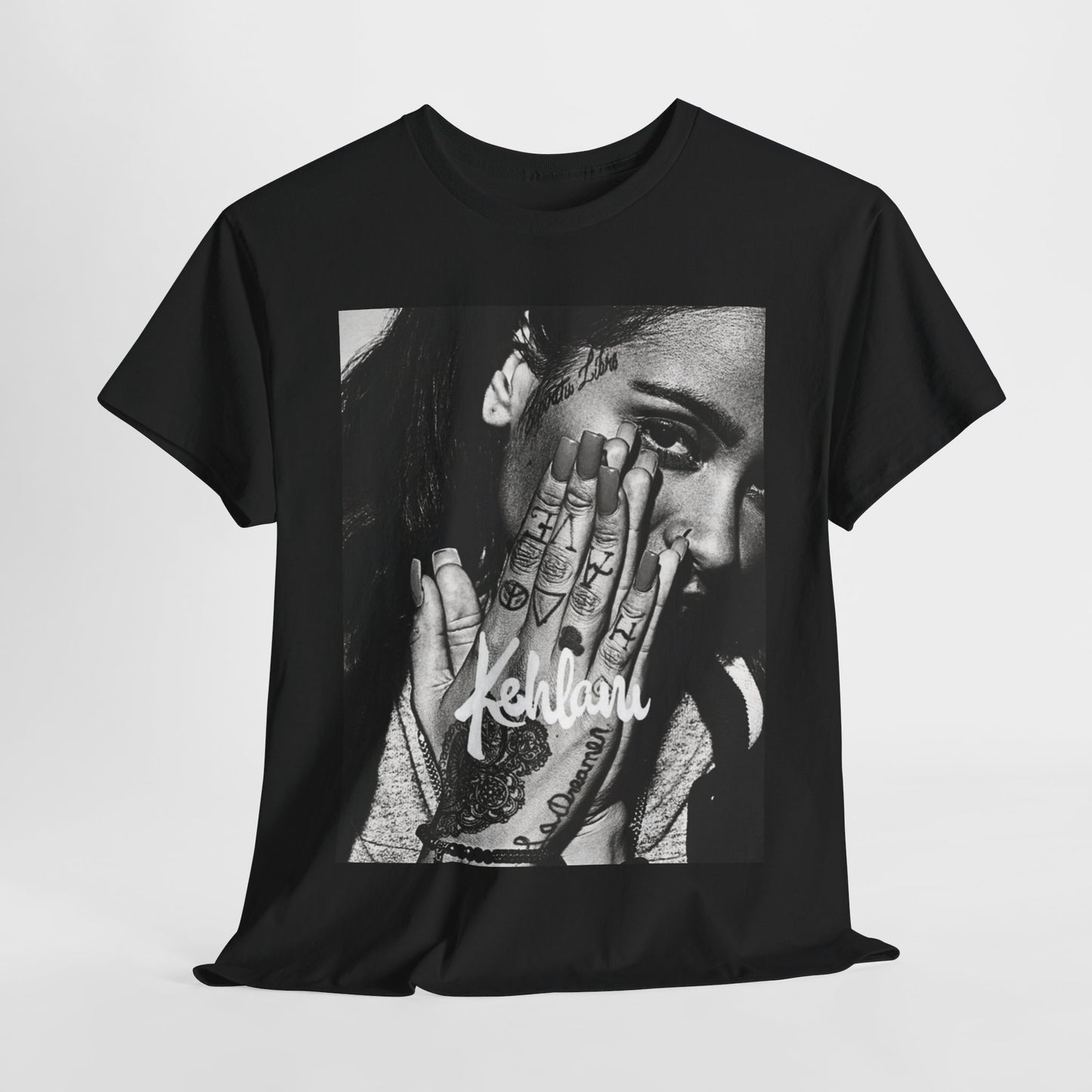 A black graphic t-shirt featuring a casual R&B fan graphic of Kehlani.