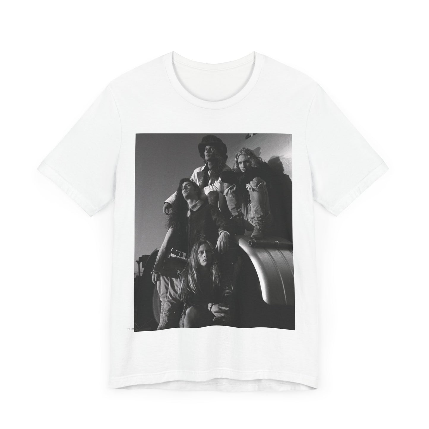 A black graphic t-shirt featuring a 90s black and white photographic portrait of the band Alice In Chains, capturing their iconic grunge look.