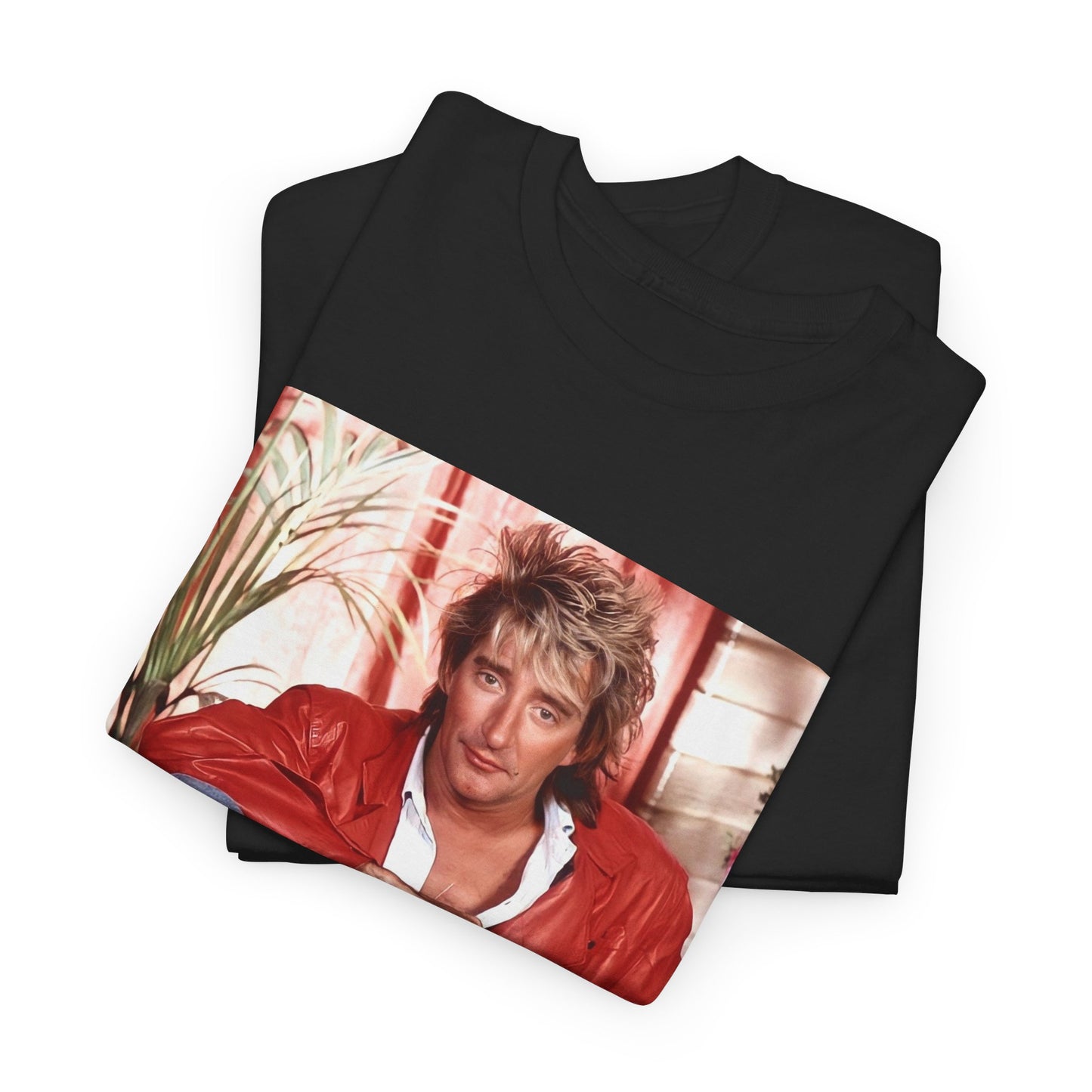 A black graphic t-shirt featuring an 80s global phenomenon graphic of Rod Stewart.