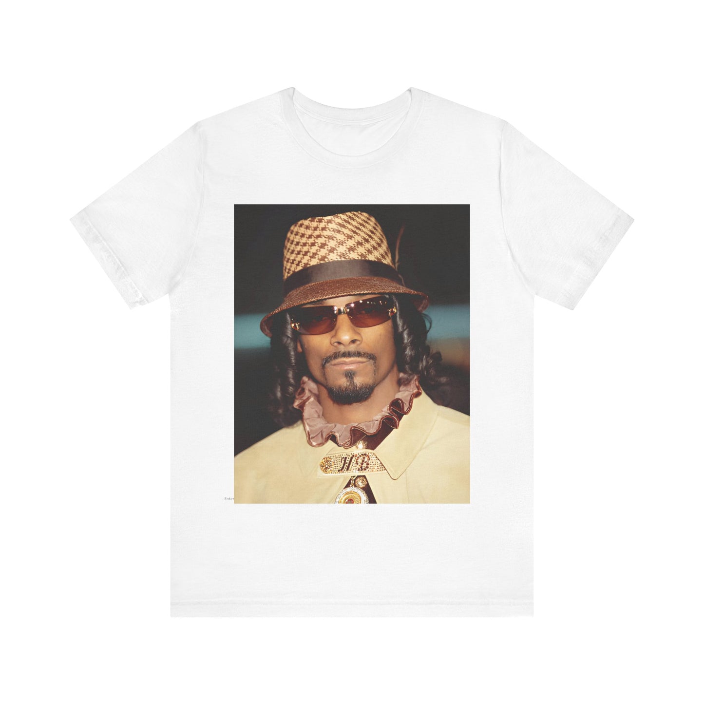 A black graphic t-shirt featuring a glamorous graphic of Snoop Dogg as a Doggfather icon.