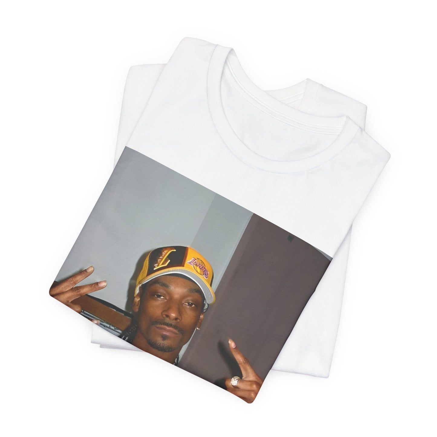 A black graphic t-shirt featuring a graphic of Snoop Dogg with Lakers branding or colors.