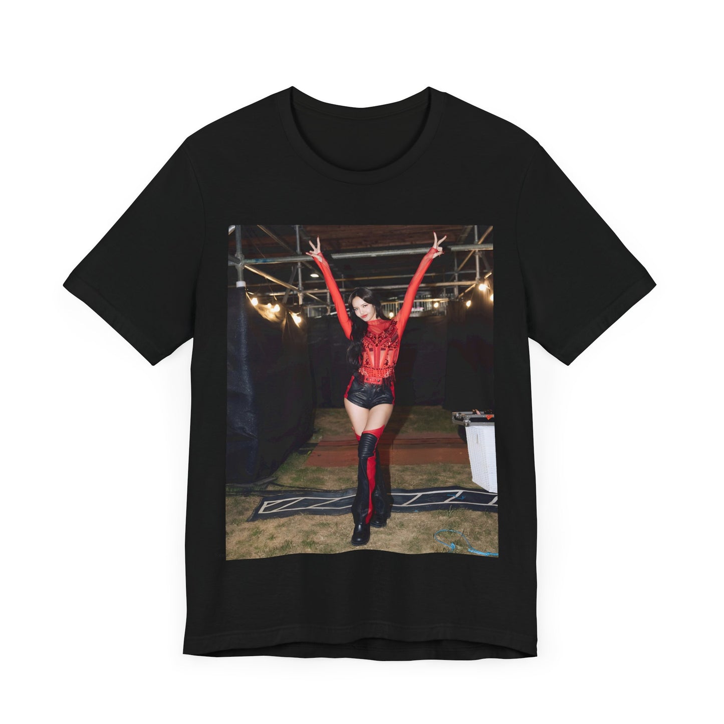 A black graphic t-shirt featuring a classic graphic of Lisa as a Blackpink rapper.