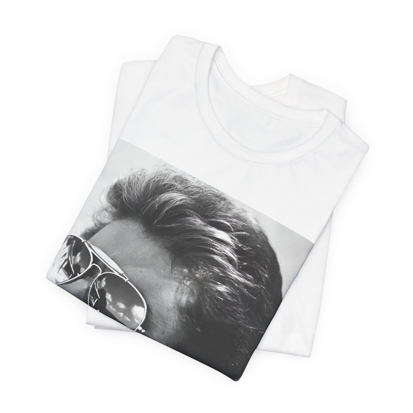 A black graphic t-shirt featuring a photo of George Michael wearing iconic sunglasses.