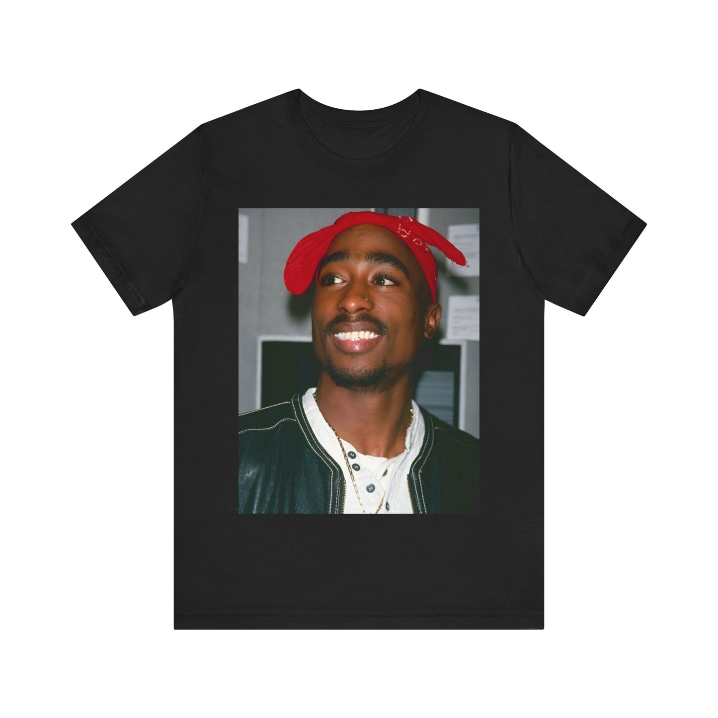 A black graphic t-shirt featuring a graphic of Tupac with his iconic bandana style.