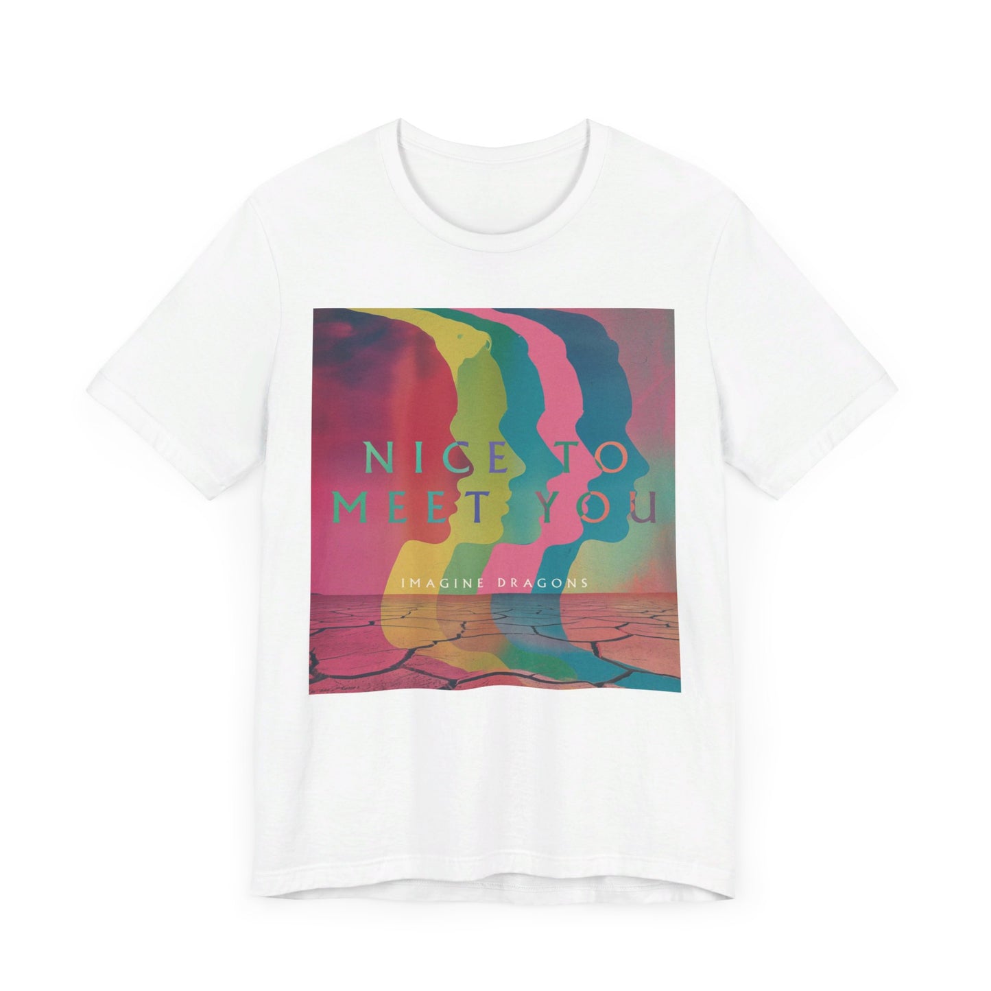 A black graphic t-shirt featuring a graphic related to Imagine Dragons' 'Nice to Meet You' song or a welcoming theme.