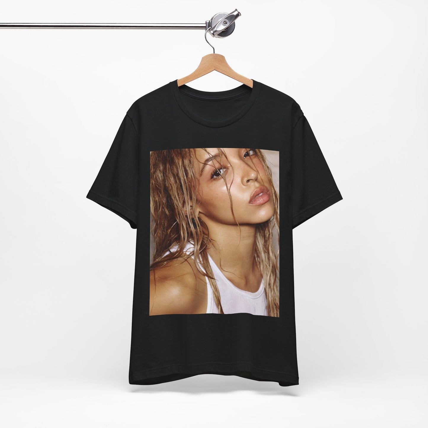 A black graphic t-shirt featuring a nostalgic indie R&B vibes graphic of Tinashe.