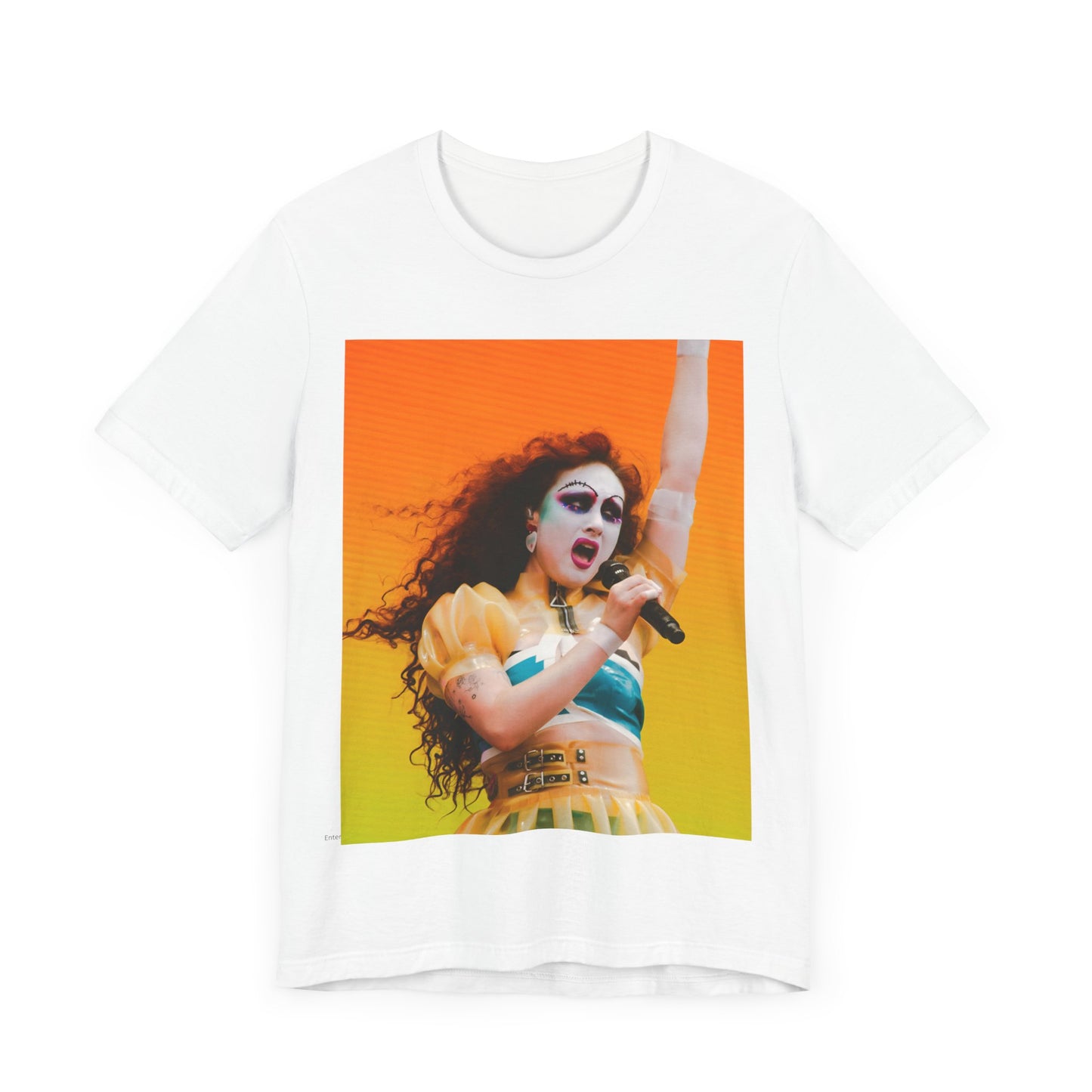 A black graphic t-shirt featuring a graphic of Chappell Roan, designed with a future pop aesthetic.