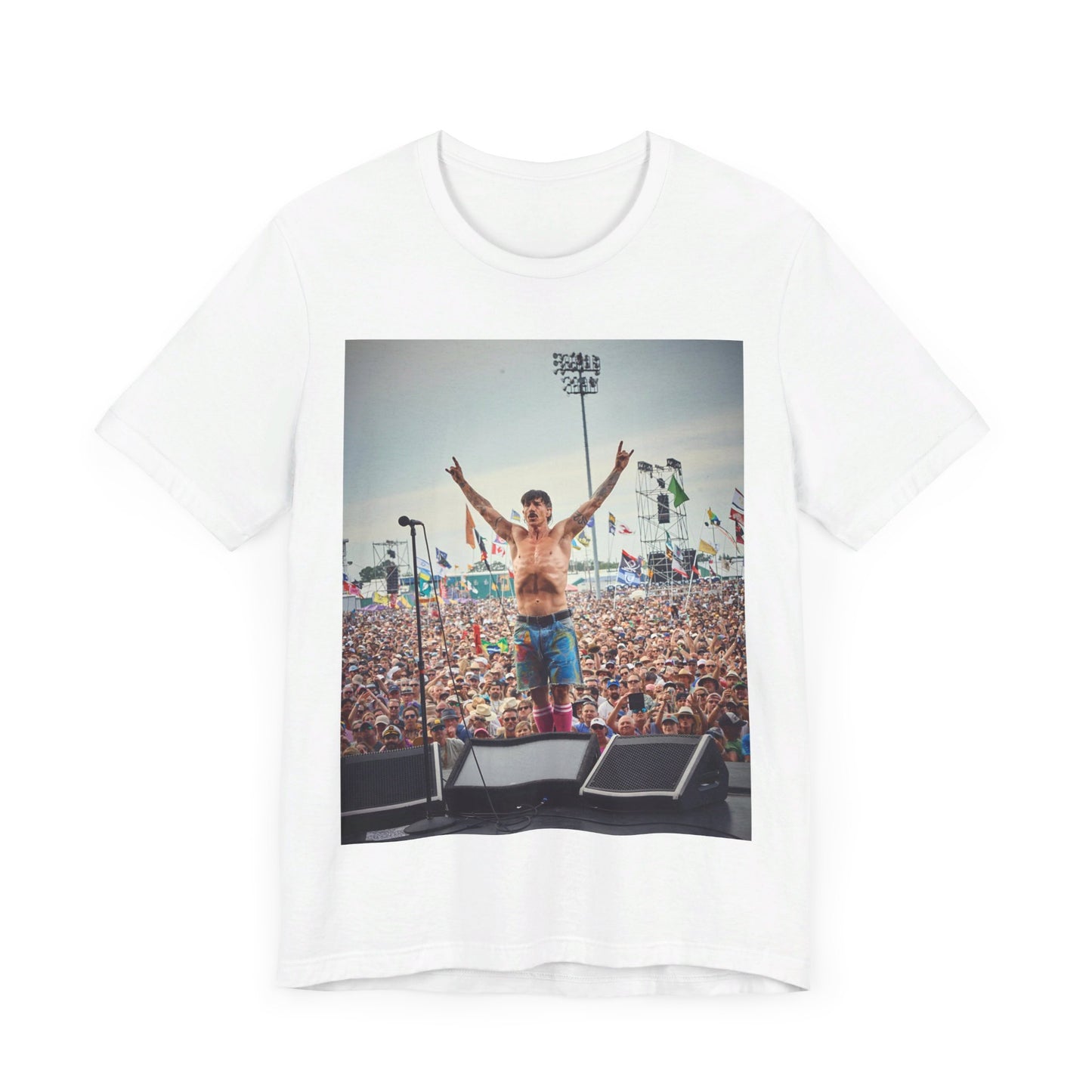 A black graphic t-shirt featuring a concert tour graphic of Red Hot Chili Peppers.