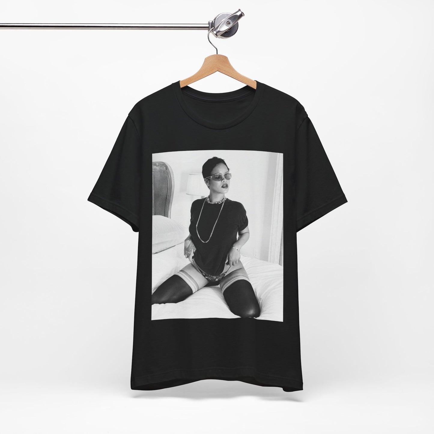 A black graphic t-shirt featuring a black and white graphic related to Rihanna's 'Diamonds' song or era.