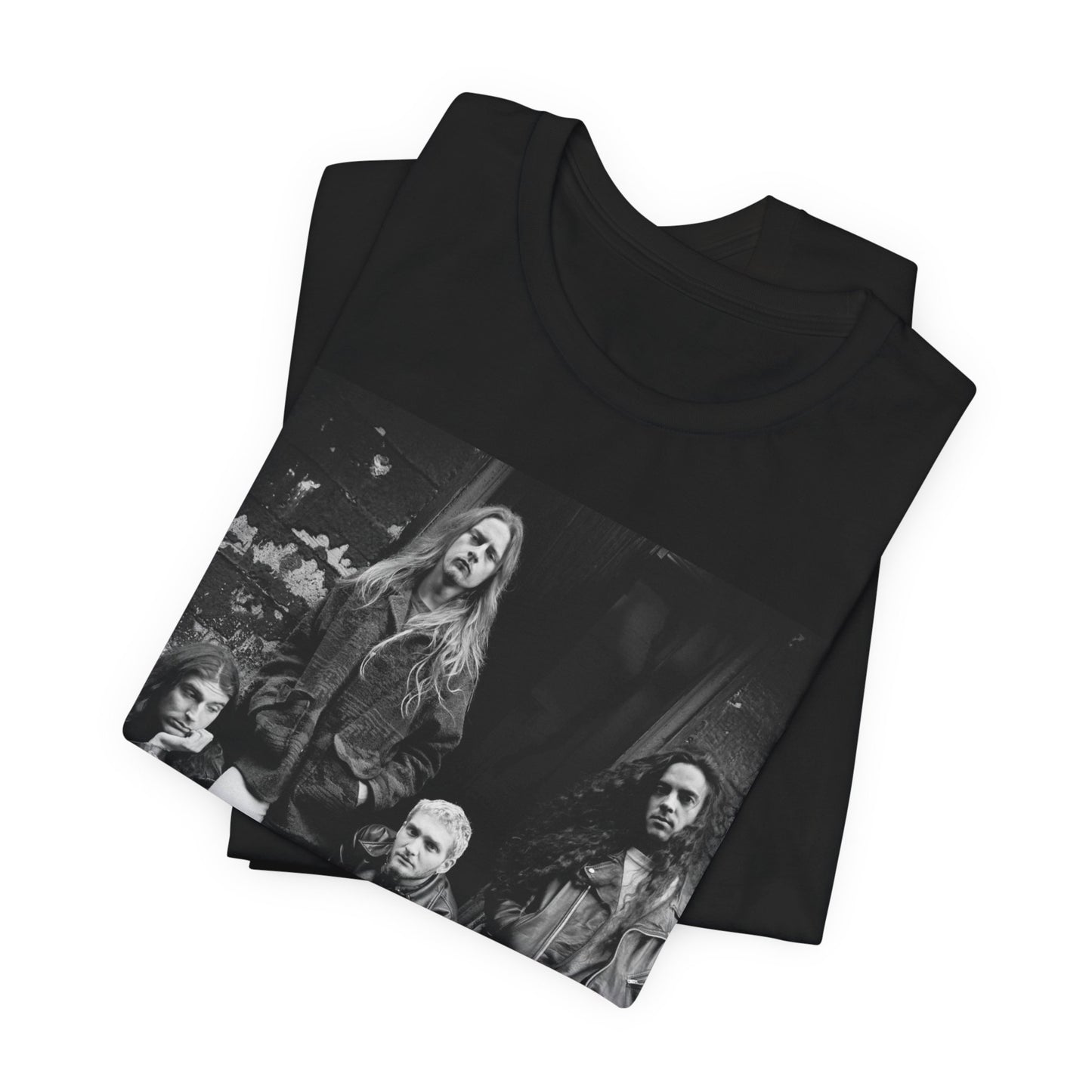 A black graphic t-shirt featuring a 90s black and white photographic portrait of the band Alice In Chains, capturing their iconic grunge look.