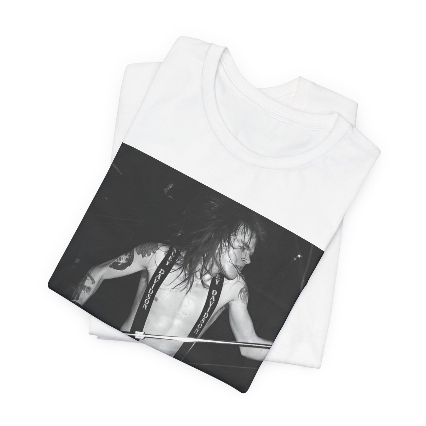 A black graphic t-shirt featuring a graphic of Axl Rose from Guns N' Roses from the 80s as the frontman.
