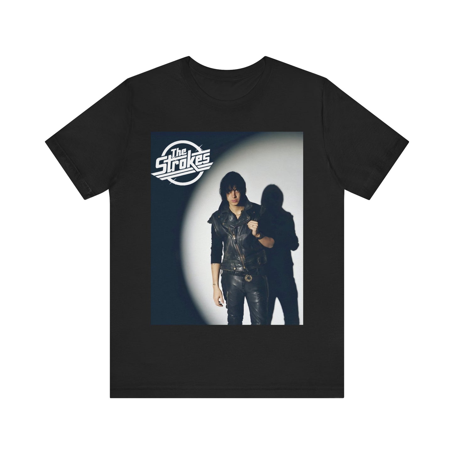 A black graphic t-shirt featuring a classic NYC garage rock graphic of The Strokes.