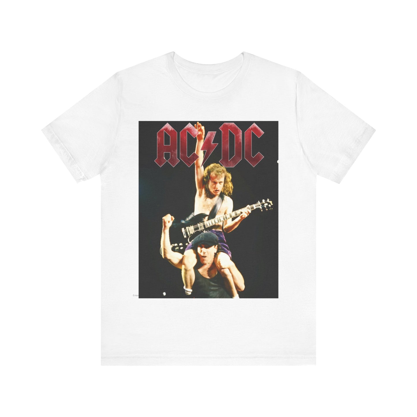 A black graphic t-shirt depicting AC/DC's Angus Young playing guitar while riding on the shoulders of Bon Scott, evocative of their "Highway to Hell" tour performances.