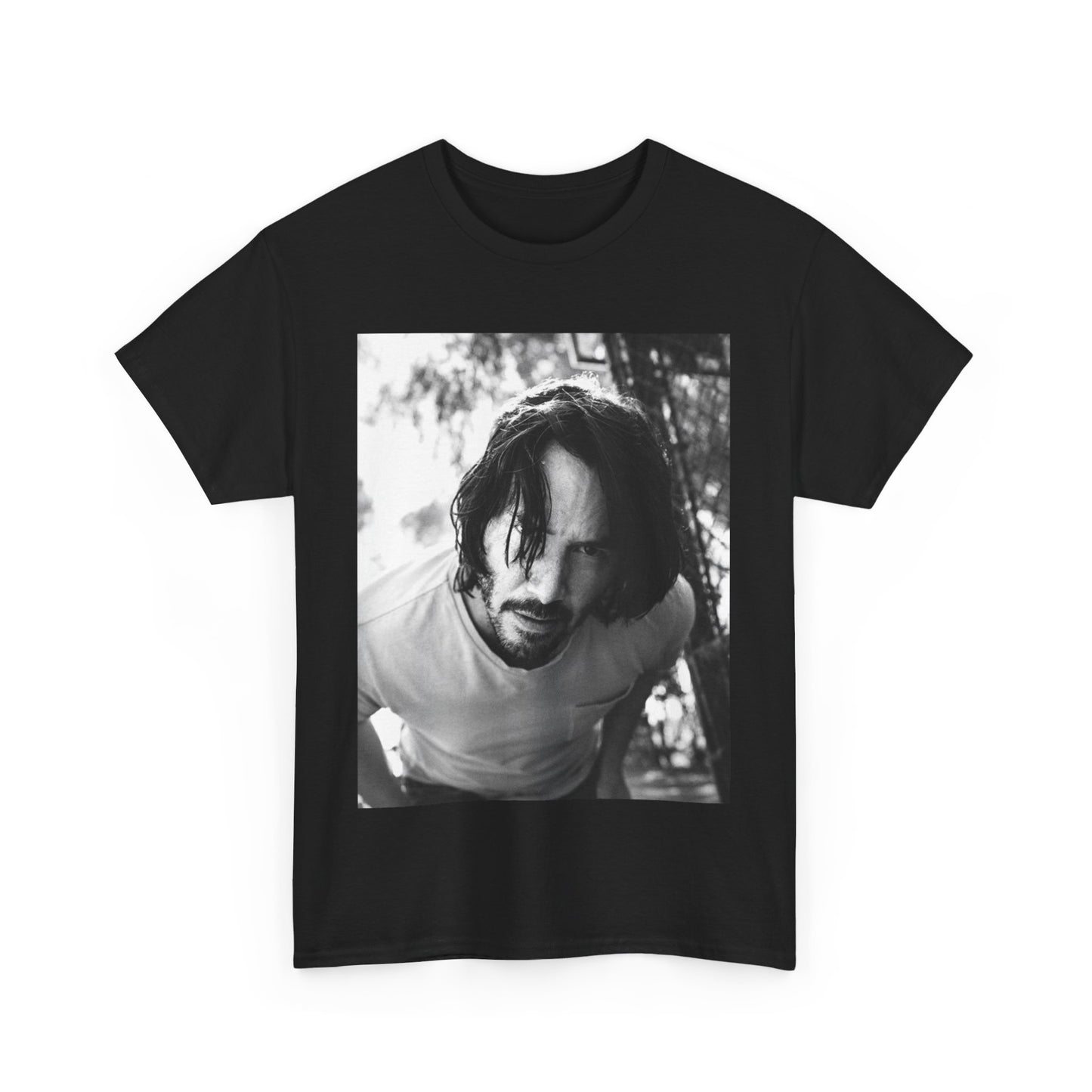 A black graphic t-shirt featuring a graphic of Keanu Reeves with authentic chill vibes.