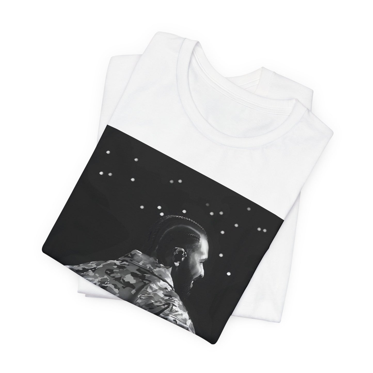 A black graphic t-shirt featuring a black and white graphic or photo of Drake performing live on stage.