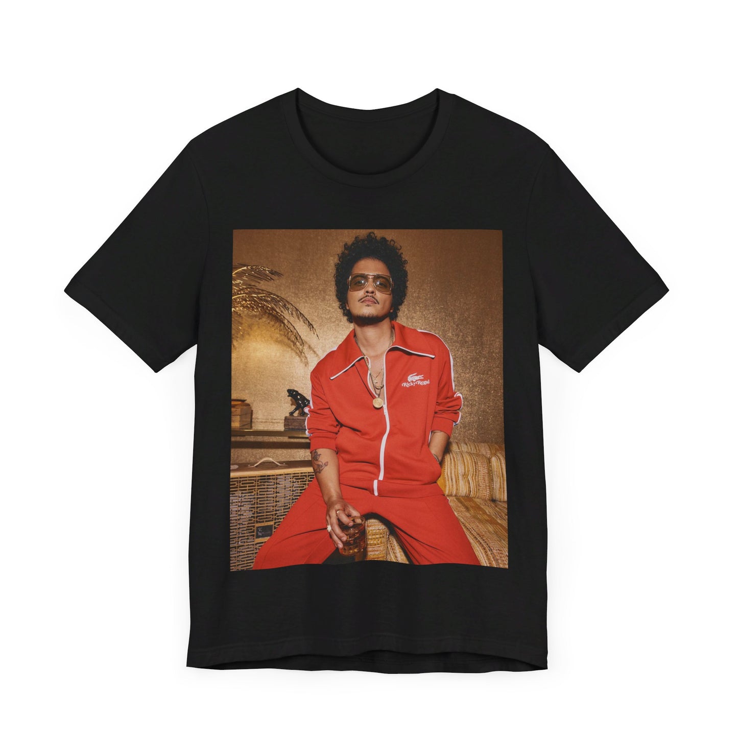 A black graphic t-shirt featuring a graphic of Bruno Mars related to funk and soul revival.