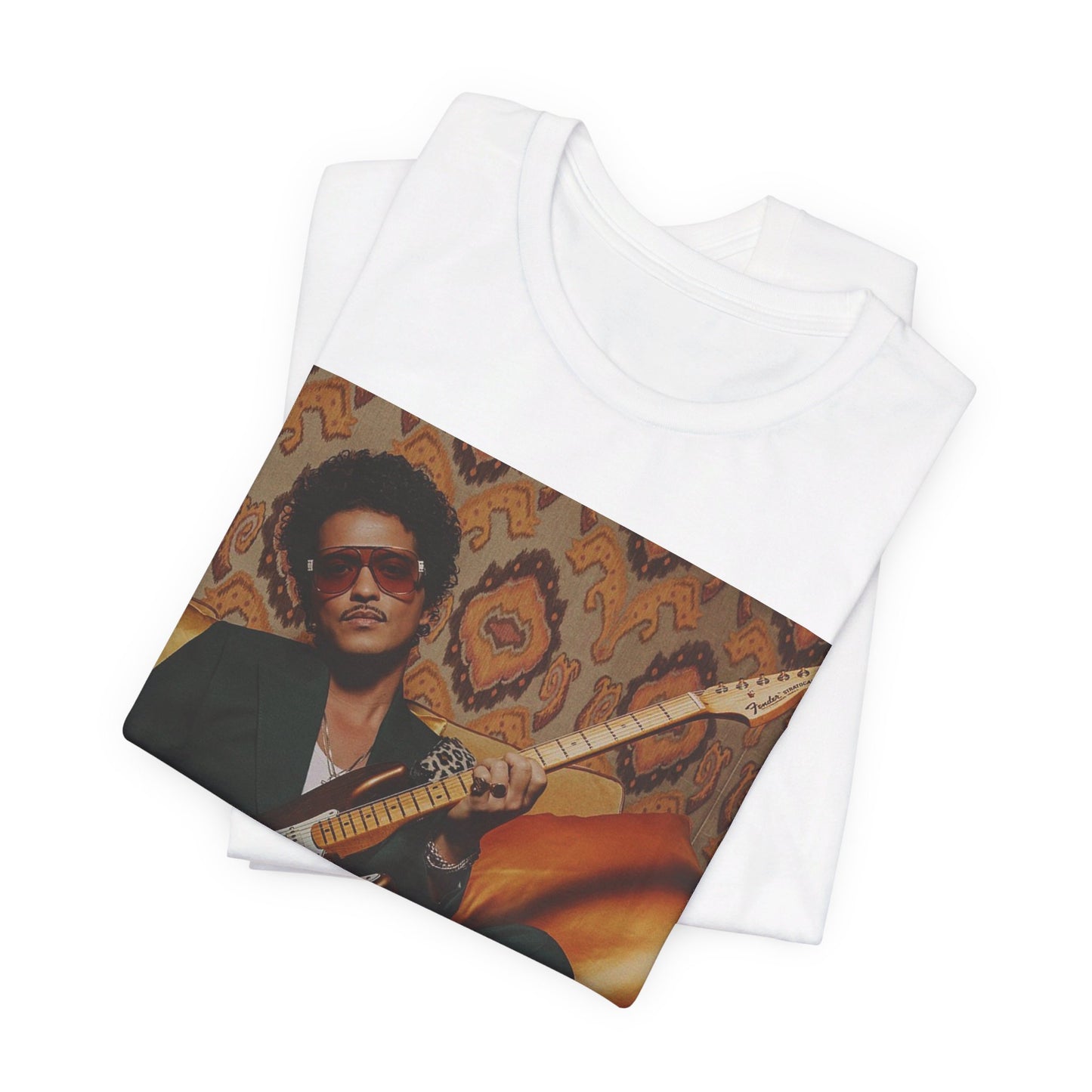 A black graphic t-shirt featuring a graphic of Bruno Mars playing guitar, emphasizing his funk legend status.