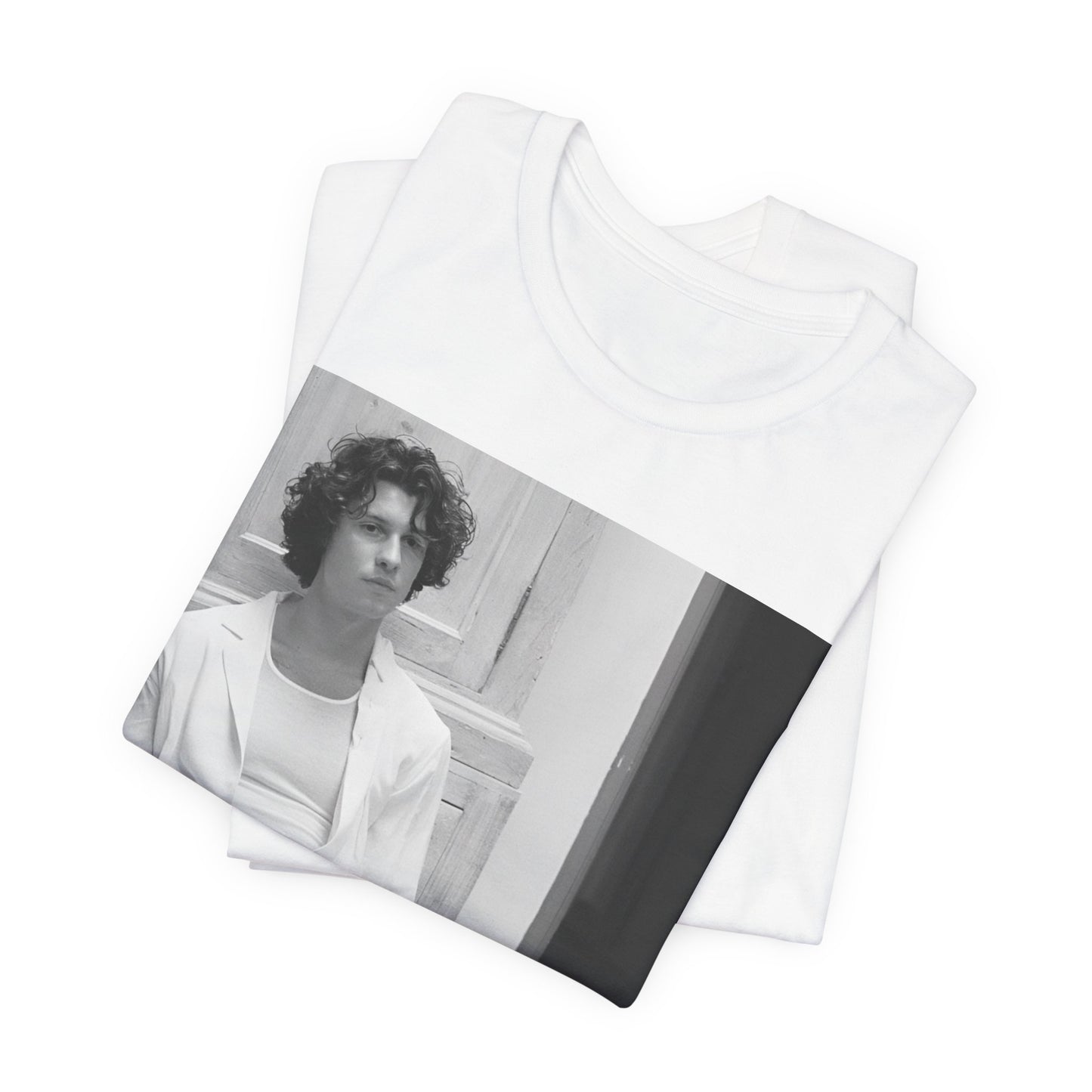 A black graphic t-shirt featuring a vintage casual style graphic of Shawn Mendes.