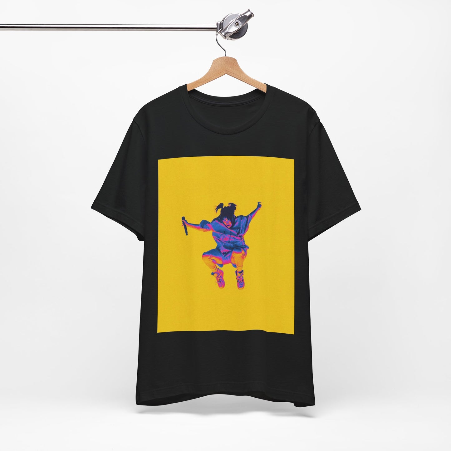 A stylized graphic of Billie Eilish jumping in the air with a microphone, rendered with psychedelic thermal colors against a solid yellow background.