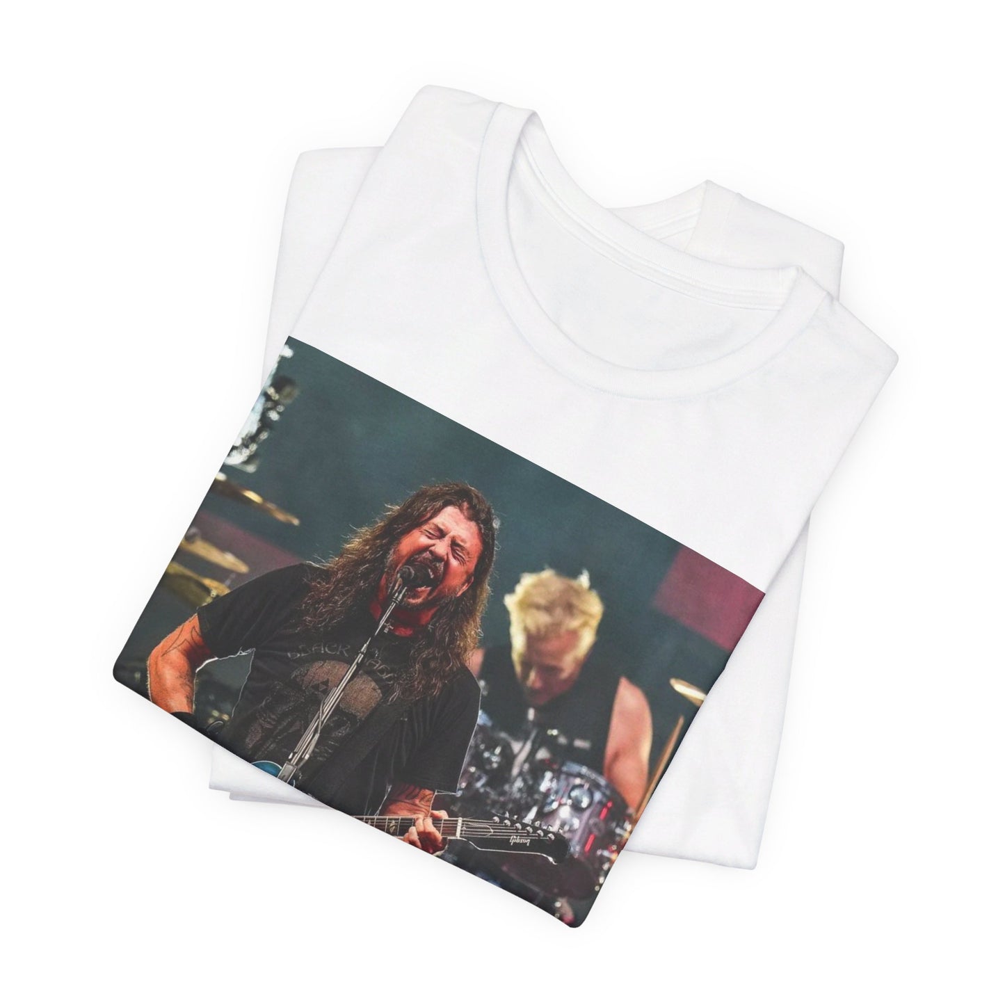 A black graphic t-shirt featuring a graphic of Foo Fighters as stadium rockstars.