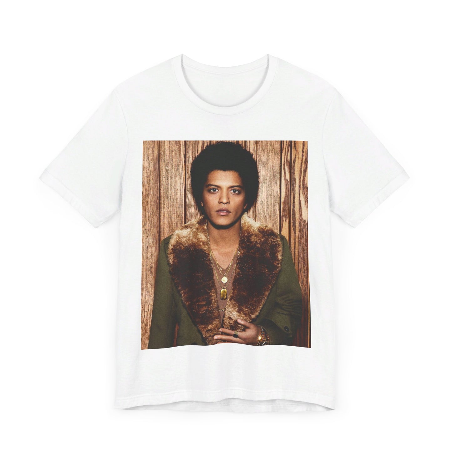 A black graphic t-shirt featuring a graphic related to Bruno Mars' "Just the Way You Are" song or era.