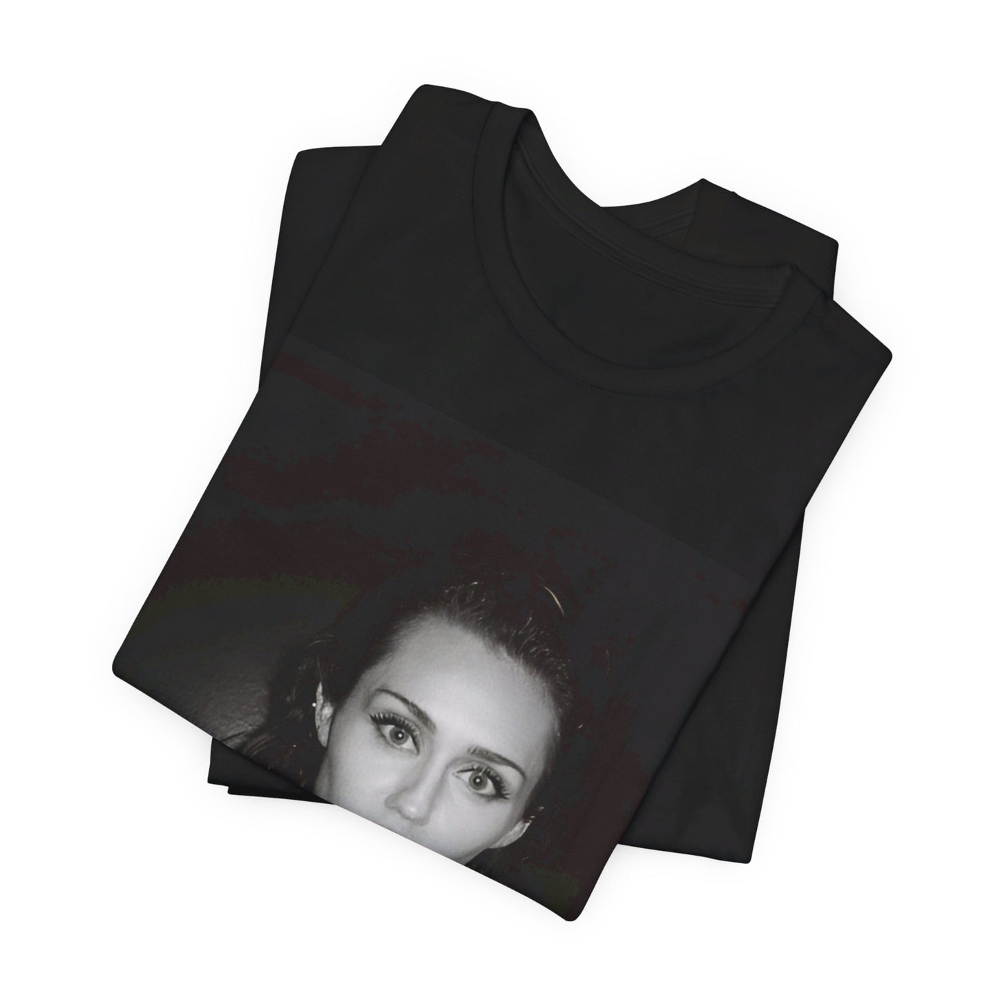 A black graphic t-shirt featuring a graphic related to Miley Cyrus' 'Flowers' song or era.