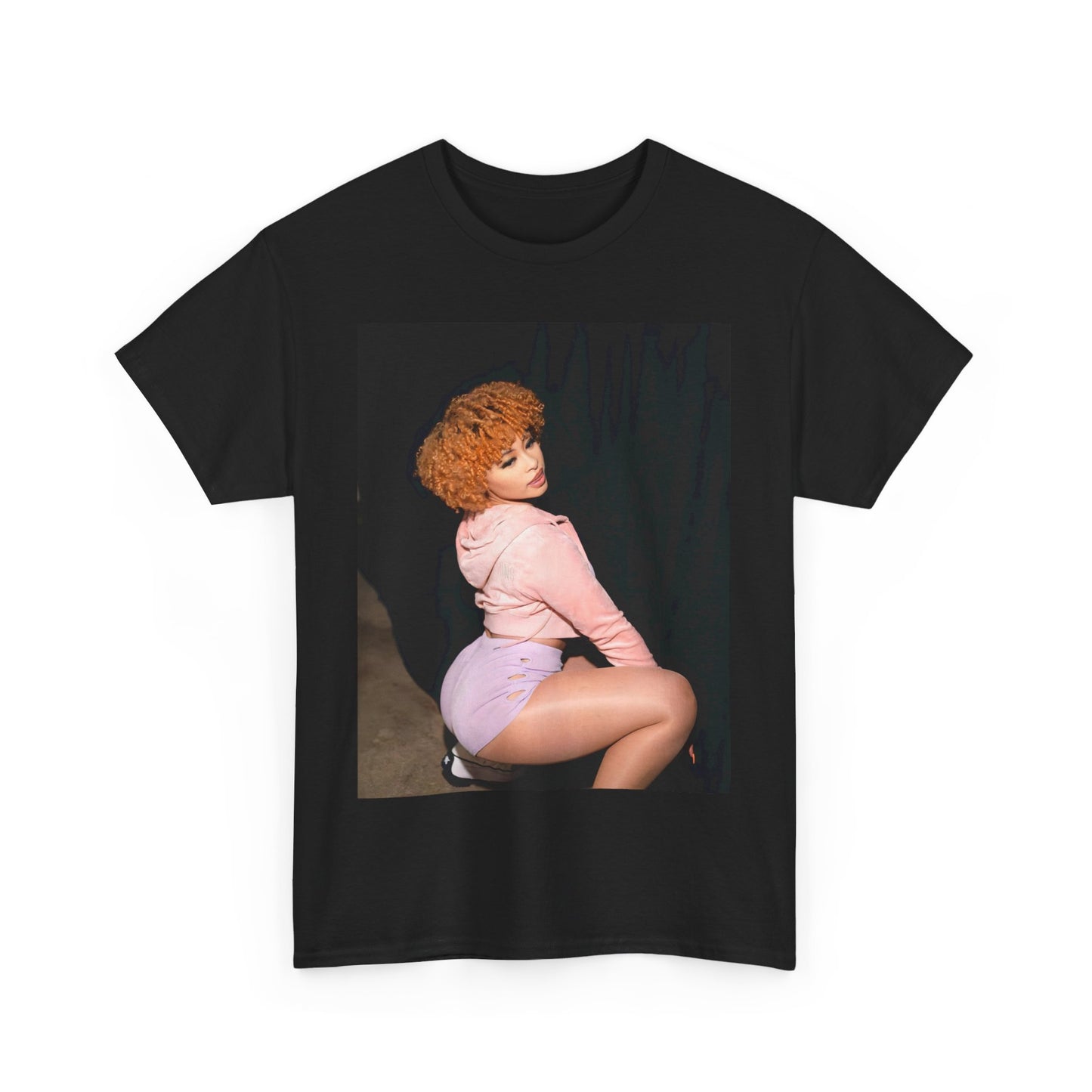 A black graphic t-shirt featuring a graphic of Ice Spice as a rap iconic viral sensation.