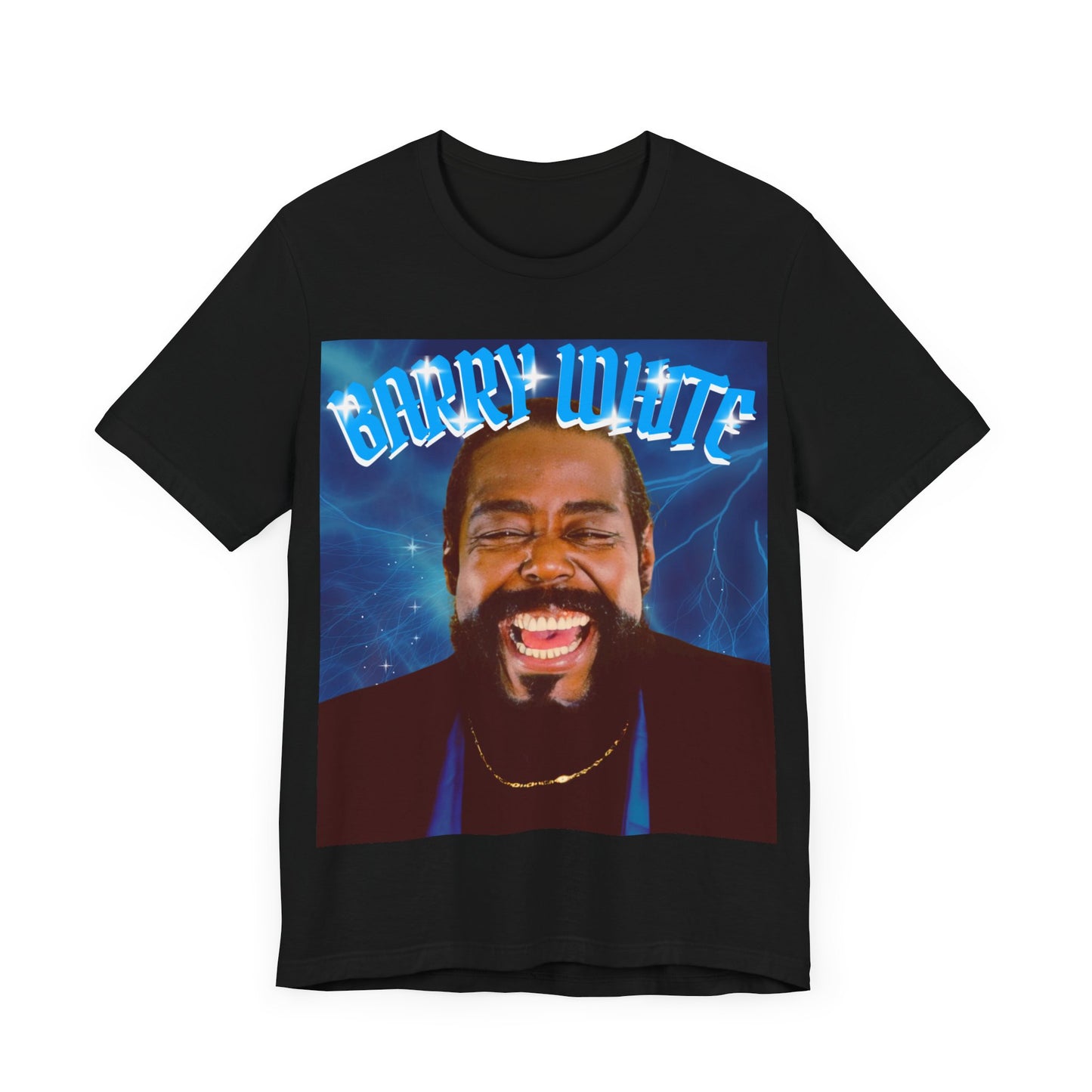 A black graphic t-shirt featuring a vintage 70s-style graphic of Barry White, emphasizing his smooth, iconic look.