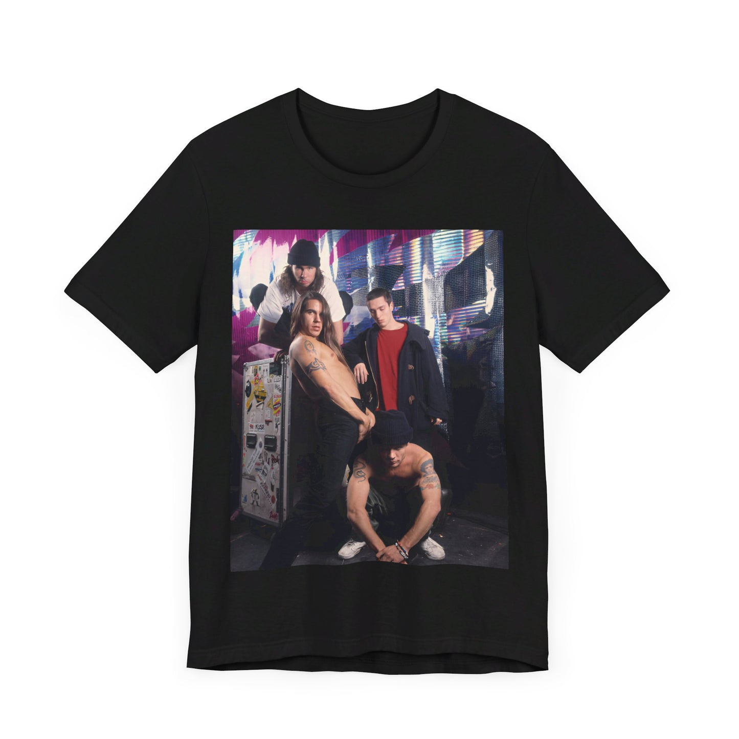 A black graphic t-shirt featuring a 90s alt-rock aesthetic graphic of Red Hot Chili Peppers.