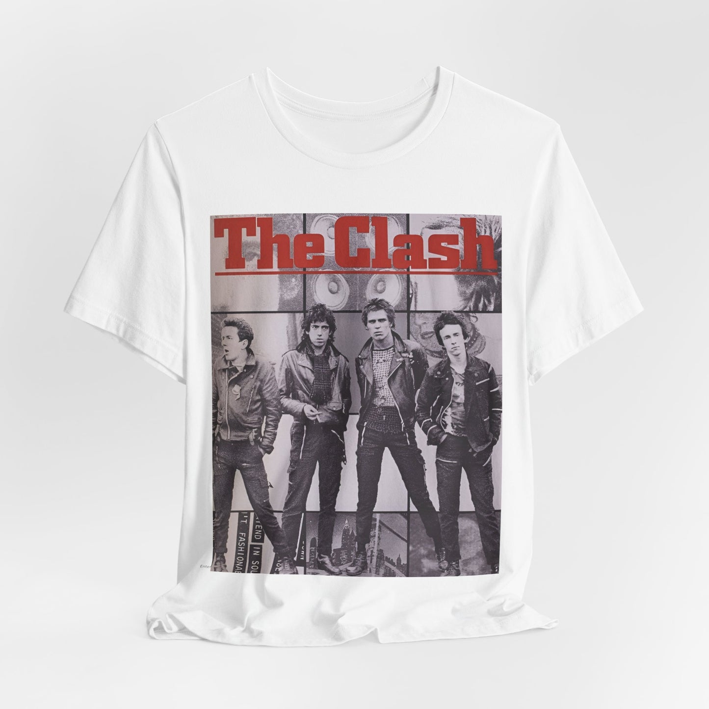 A black graphic t-shirt featuring a 70s retro punk superstar graphic of The Clash.