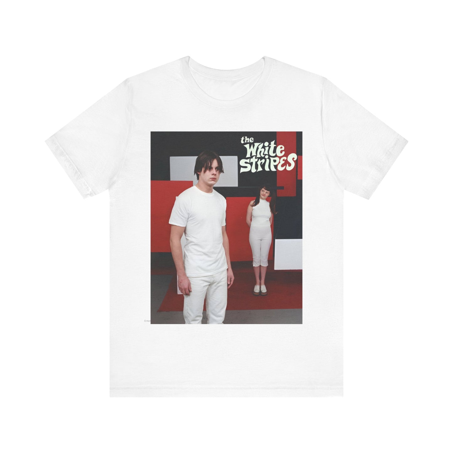 A black graphic t-shirt featuring a red and white aesthetic graphic of The White Stripes.