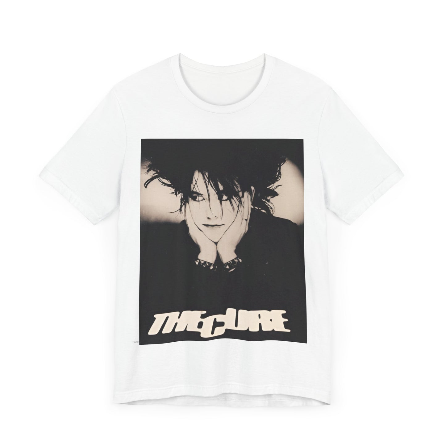 A black graphic t-shirt featuring a graphic of The Cure with cool new wave vibes.