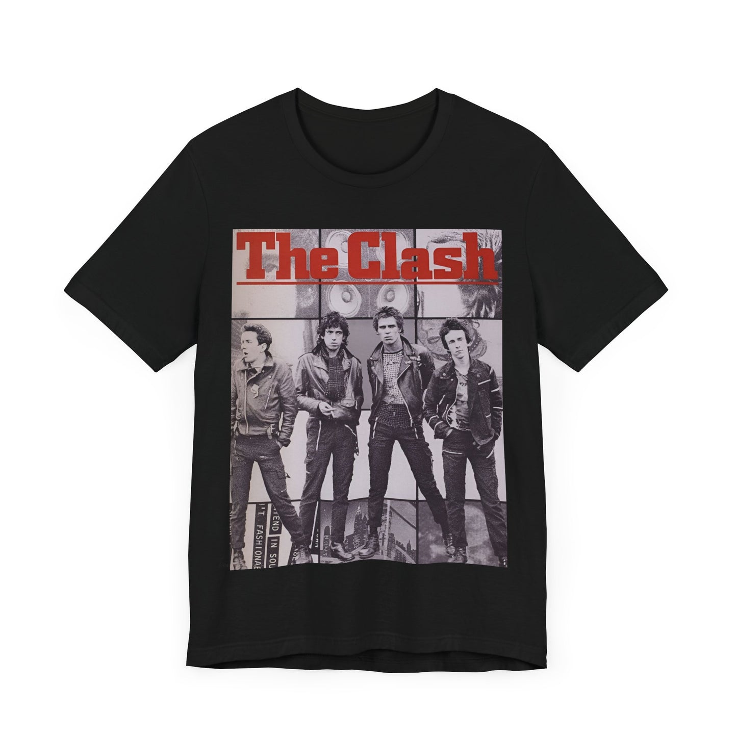 A black graphic t-shirt featuring a 70s retro punk superstar graphic of The Clash.