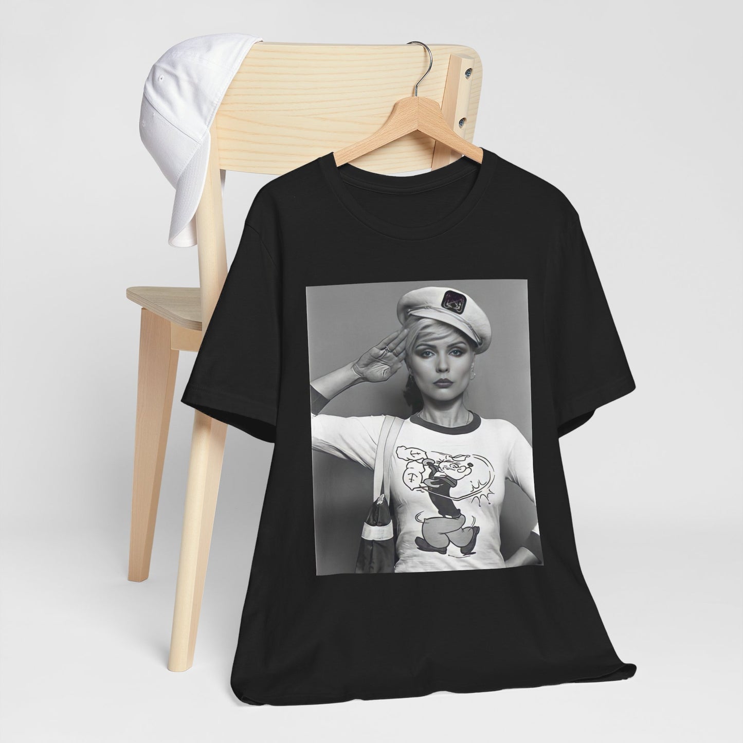 A black graphic t-shirt featuring a classic black and white graphic of the band Blondie.