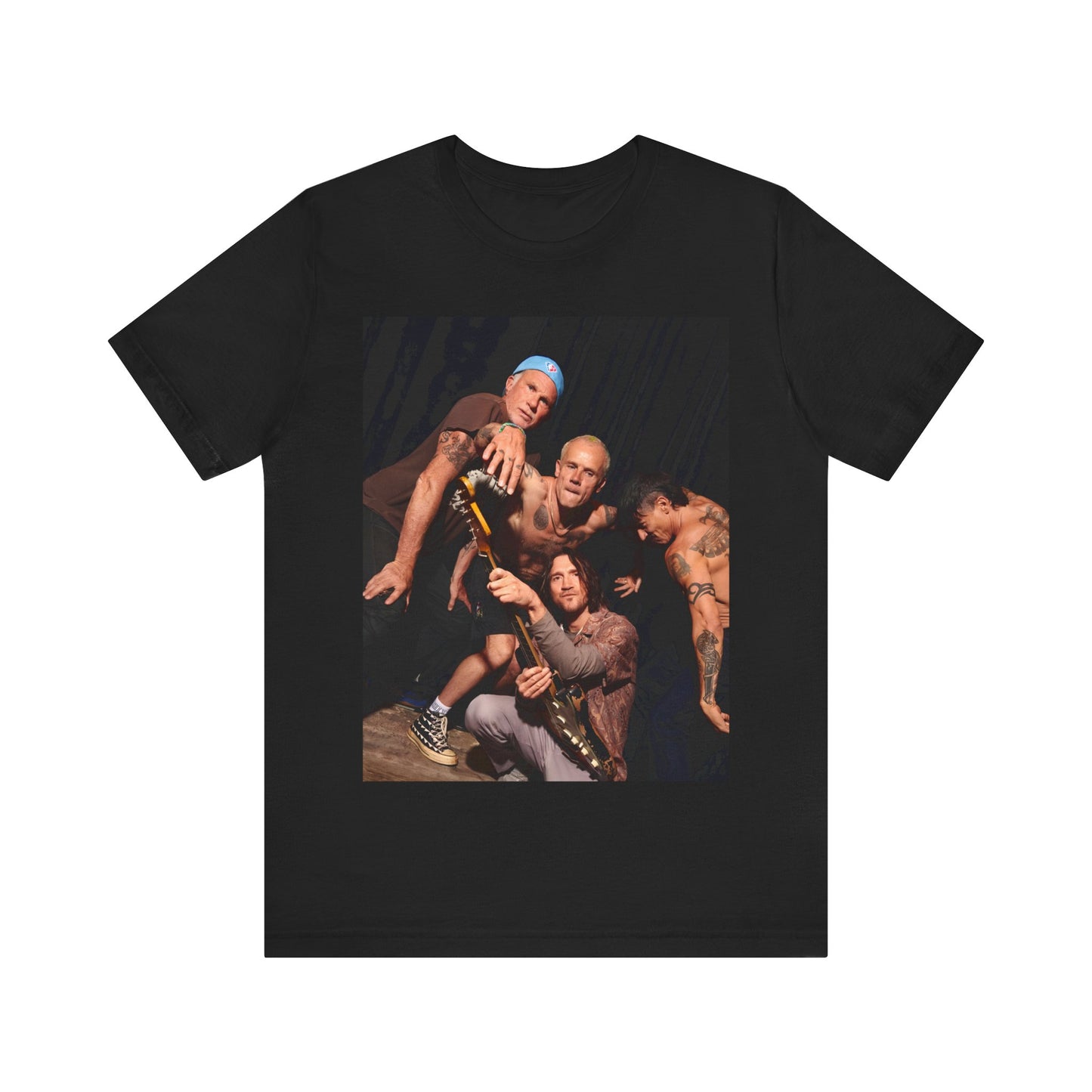 A black graphic t-shirt featuring a psychedelic vibes graphic related to Red Hot Chili Peppers.