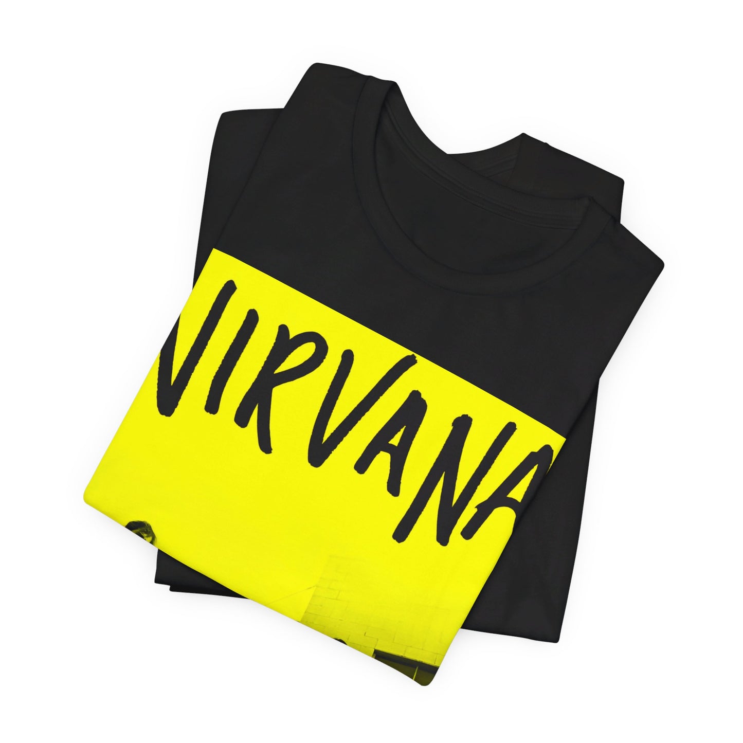 A black graphic t-shirt featuring a neon yellow aesthetic graphic of Nirvana.