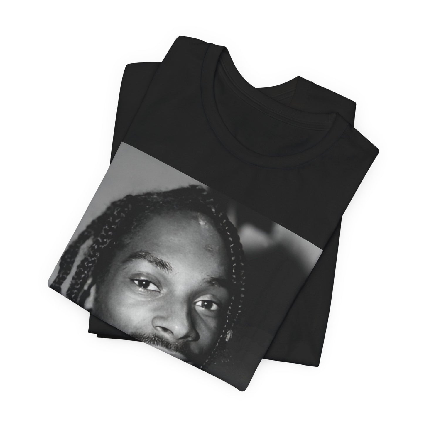 A black graphic t-shirt featuring a modern rap essential graphic of Snoop Dogg.